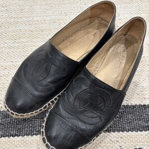 CHANEL Black Leather Espadrille Slip-Ons with CC Logo